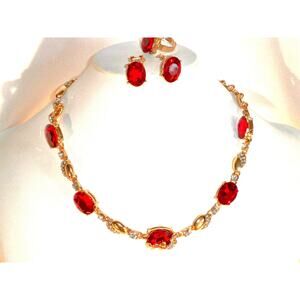 Red 4 pc rhinestone bridal MOB necklace prom party evening drag queen necklace